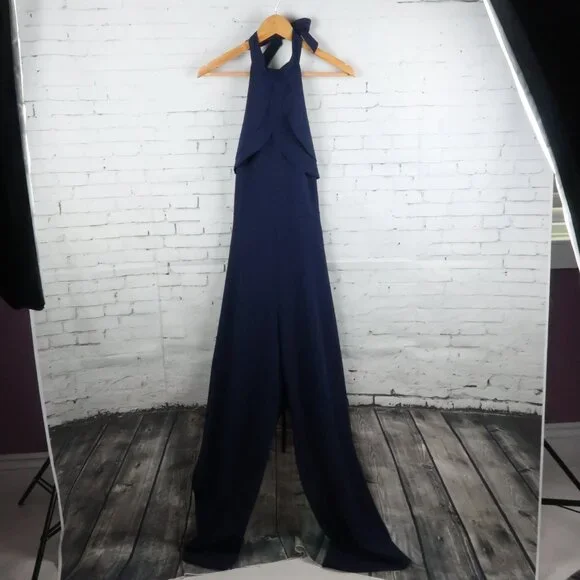 BEBE NAVY BLUE HIGH NECK HALTER RUFFLE OPEN BACK WIDE LEG JUMPSUIT SIZE 10 - Picture 2 of 9